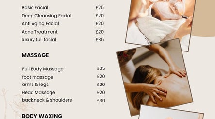 Above & Beyond Beauty & Massage menu with facials and massages, Sutton-in-Ashfield, England, GB.