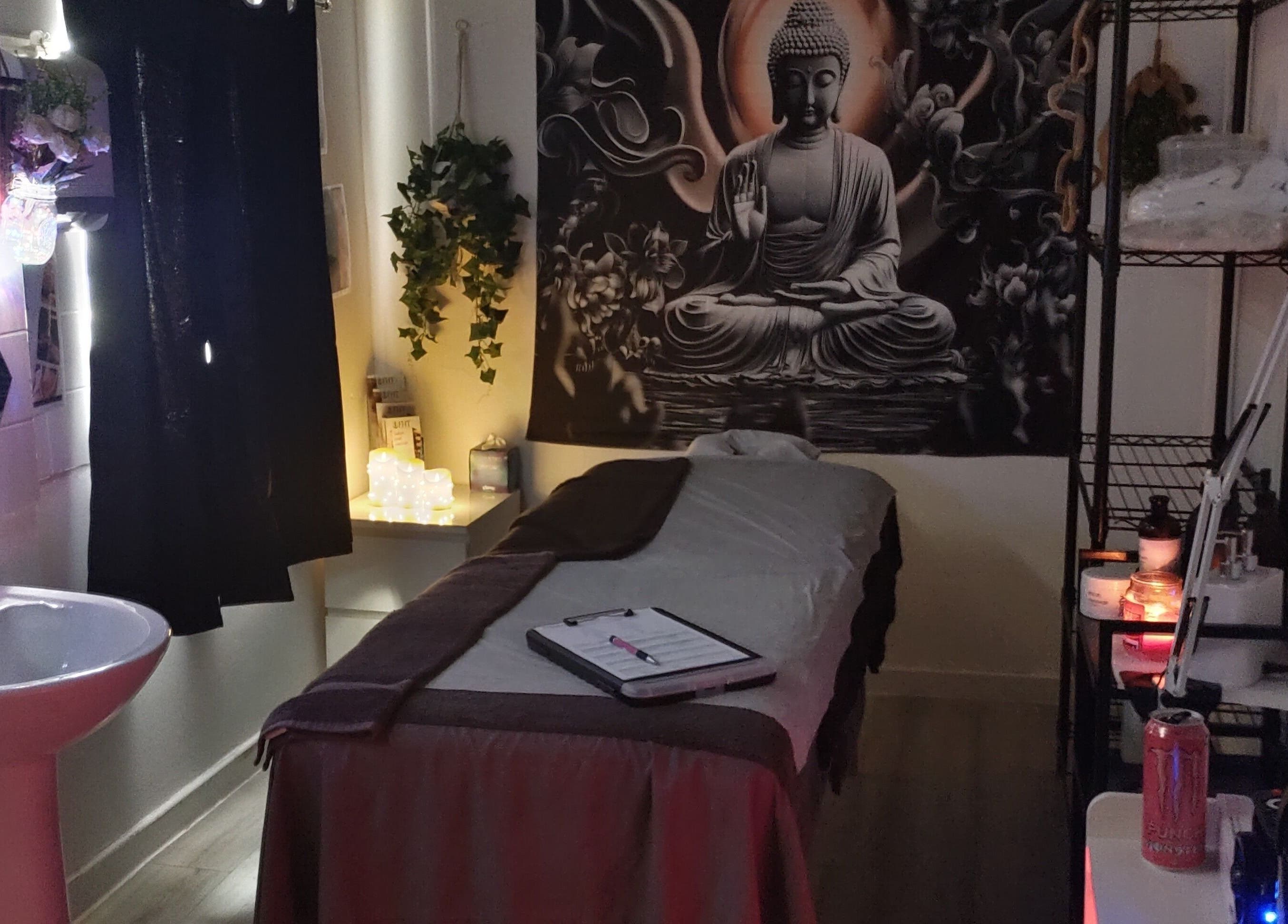 Serene massage room at Above & Beyond Beauty & Massage in Sutton-in-Ashfield, England, GB with calming decor.