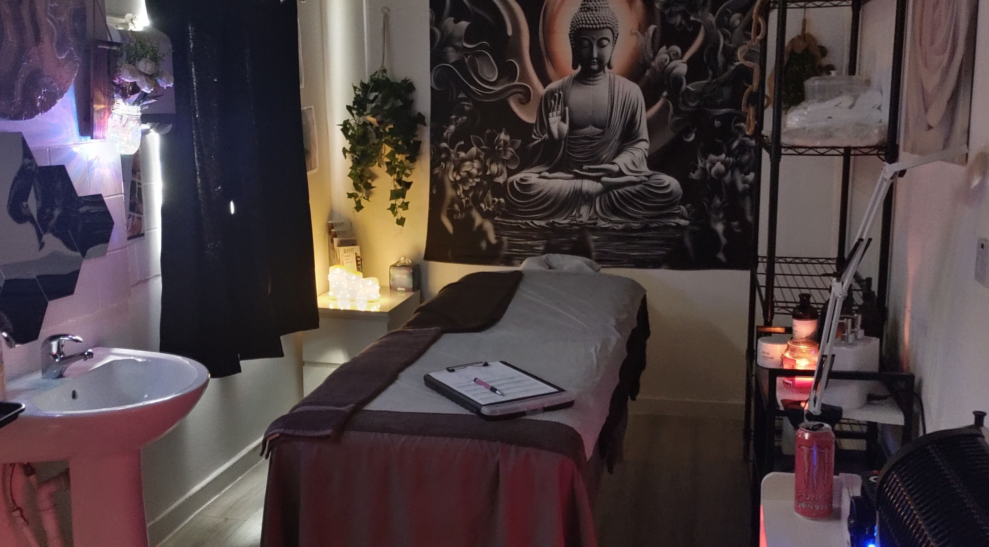 Serene massage room at Above & Beyond Beauty & Massage in Sutton-in-Ashfield, England, GB with calming decor.
