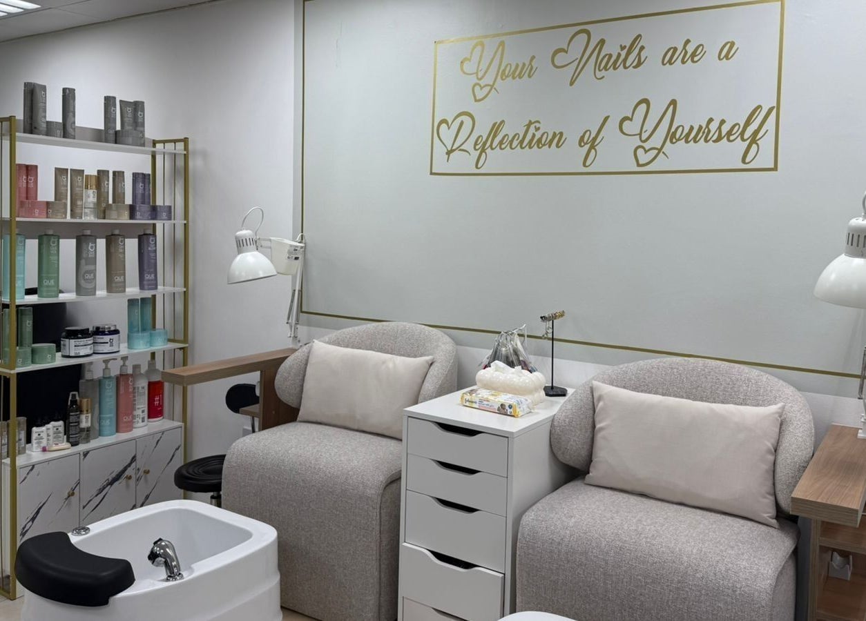 Elegant salon interior at Hype Nails Beauty Salon, Abu Dhabi, showcasing a stylish nail treatment area.