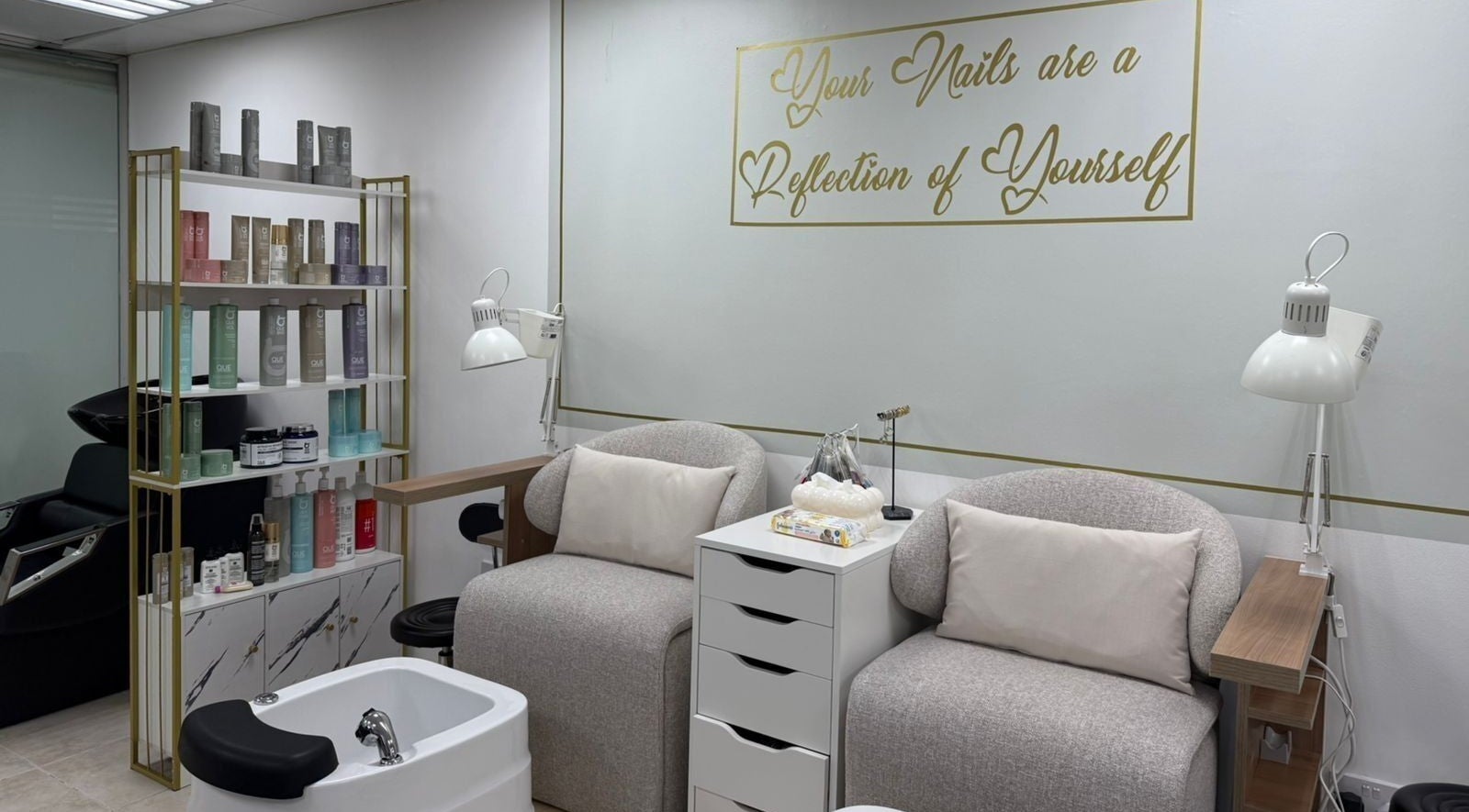 Elegant salon interior at Hype Nails Beauty Salon, Abu Dhabi, showcasing a stylish nail treatment area.