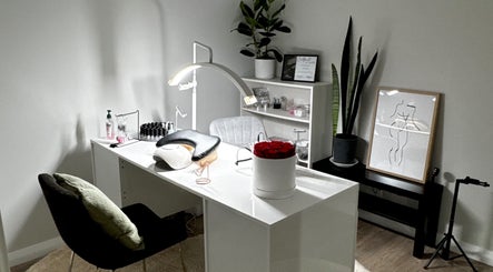 Modern nail station at Monca Nail Bar in Belmont, Western Australia, AU. Elegant decor with plants and art.