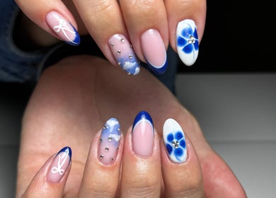 Elegant blue and pink nail art at Monca Nail Bar, Belmont, Western Australia, AU.