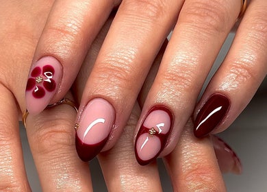 Elegant burgundy floral nail art by Monca Nail Bar, Belmont, Western Australia, AU.