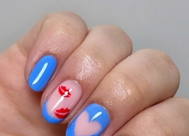 Stylish blue and pink nail art at Sinéad H Beauty, Great Oakley, England, GB.