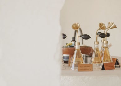 Essential oil bottles at Aetheria Natural Healing Spa, Canggu, Bali, ID, showcasing relaxing aromatherapy.