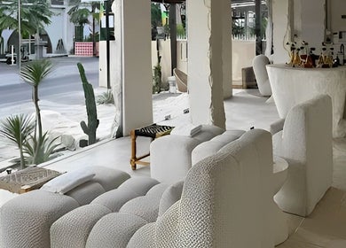 Lounge at Aetheria Natural Healing Spa, Canggu, Bali, ID, showcasing chic interiors and serene ambiance.
