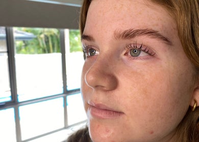 Close-up of beautifully styled eyelashes at Honey Glow Beauty, Port Macquarie, New South Wales, AU.