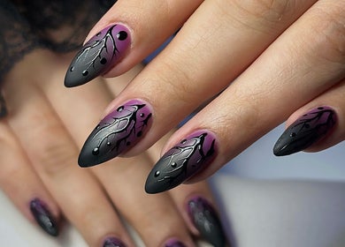Intricate gothic nail art at Nailsby.Jona in Coventry, England, GB, showcasing vibrant purple and black designs.