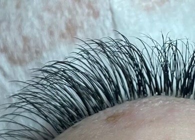 Close-up of freshly styled eyelashes at Jordon at Amica Hair & Beauty, Thirsk, England, GB.
