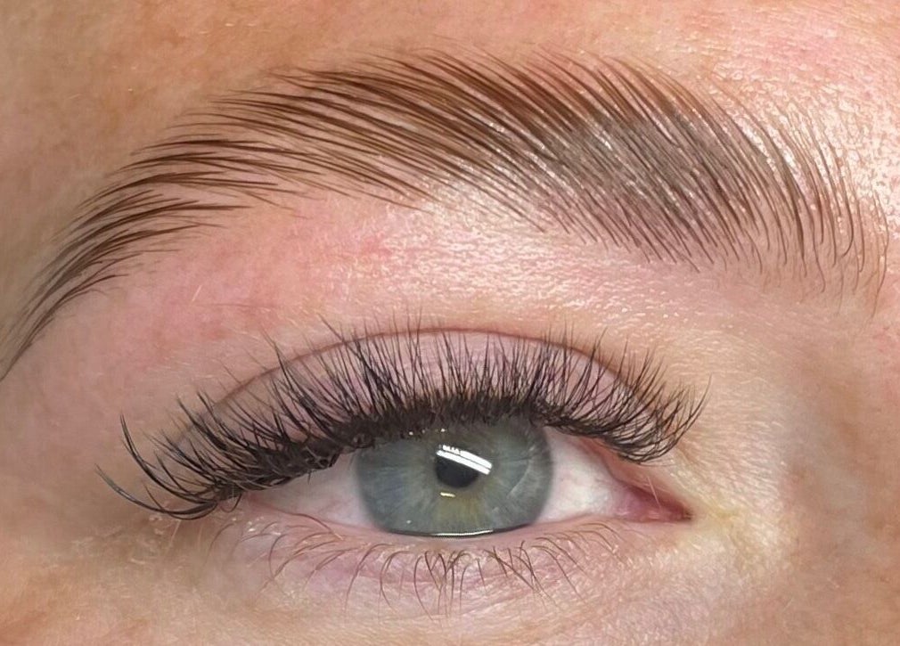 Close-up of a perfectly groomed eyebrow with lashes at Jordon at Amica Hair & Beauty, Thirsk, England, GB.