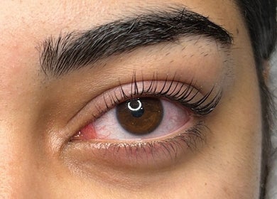 Close-up of an eye with enhanced lashes at Lash Lift Goddess, Burnaby, British Columbia, CA.