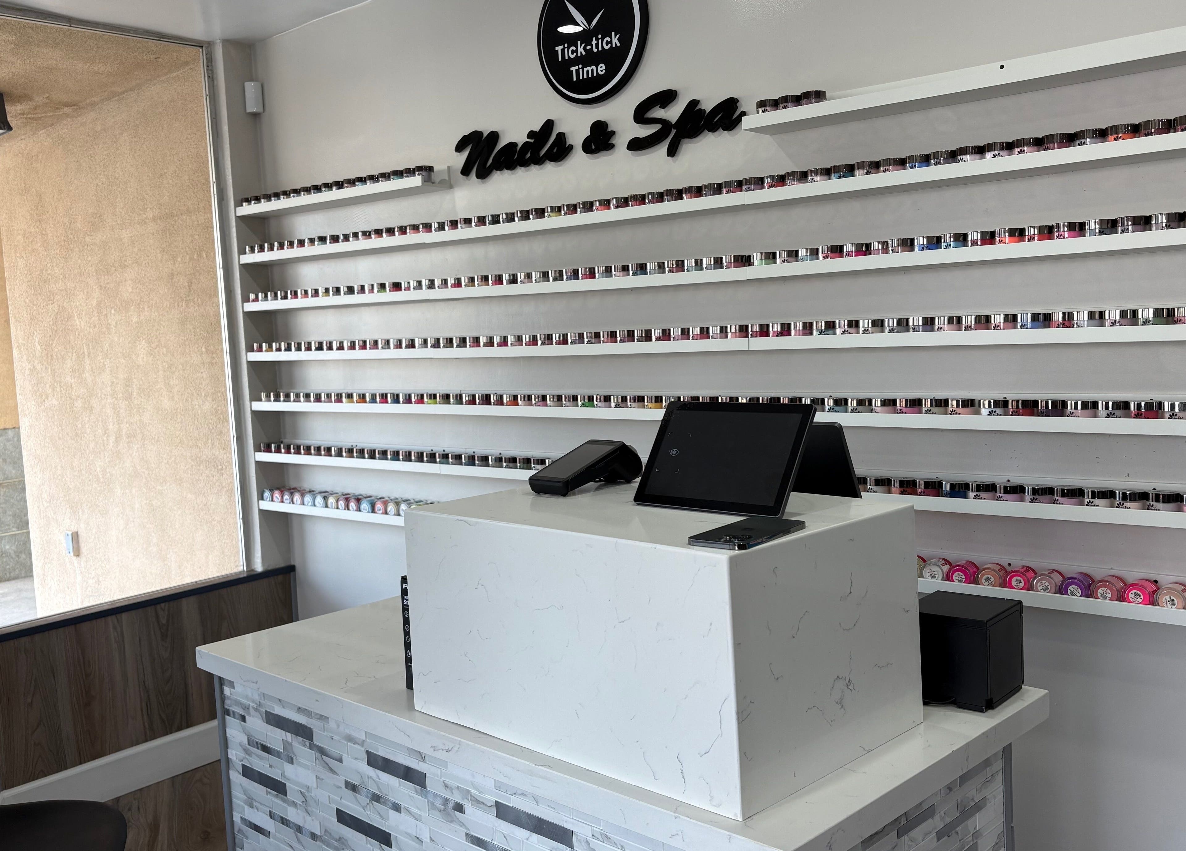 Chic nail polish display at Express Tick Tick Time Nails and Spa, El Monte, California, US.