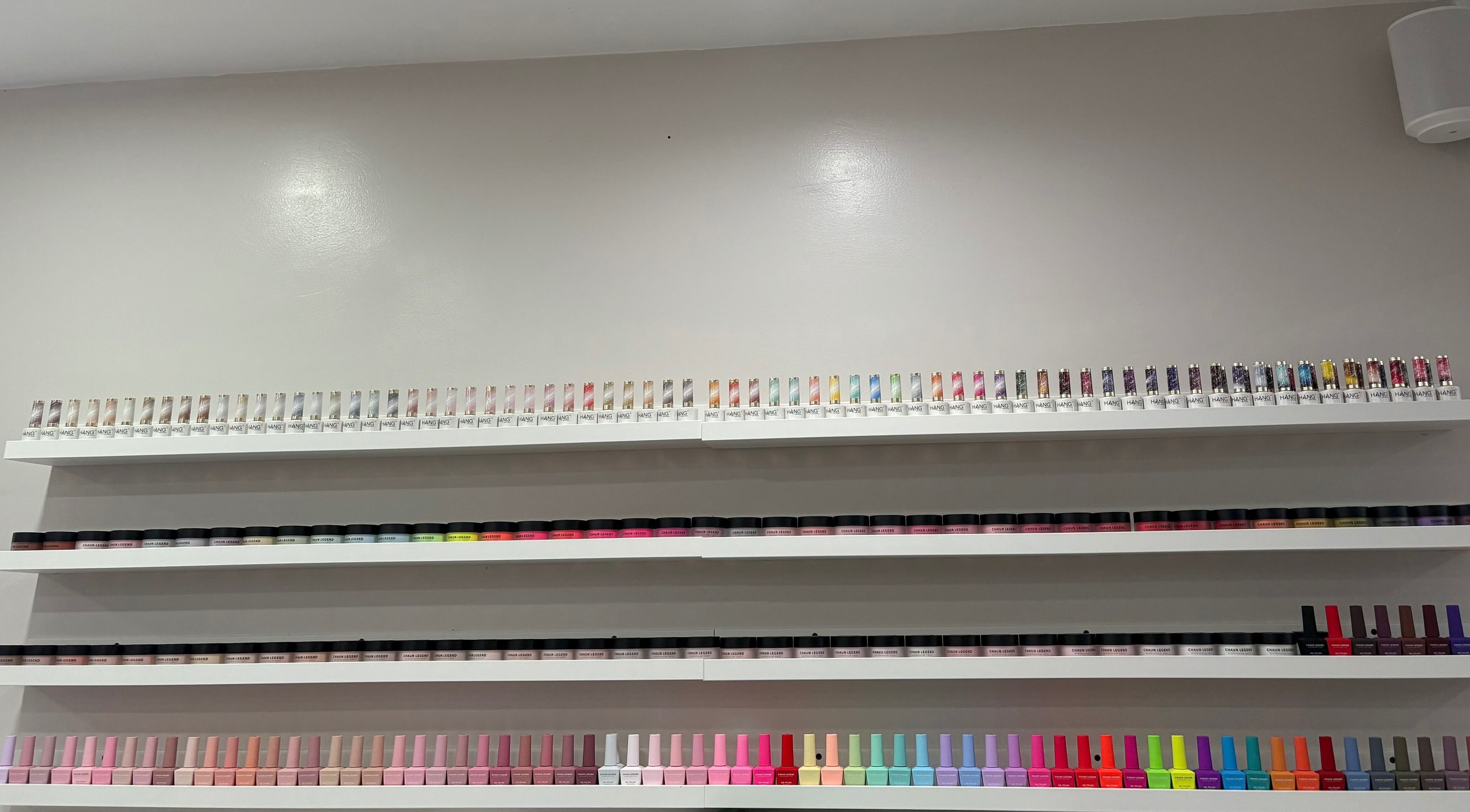 Colorful nail polish selection at Express Tick Tick Time Nails and Spa in El Monte, California, US.