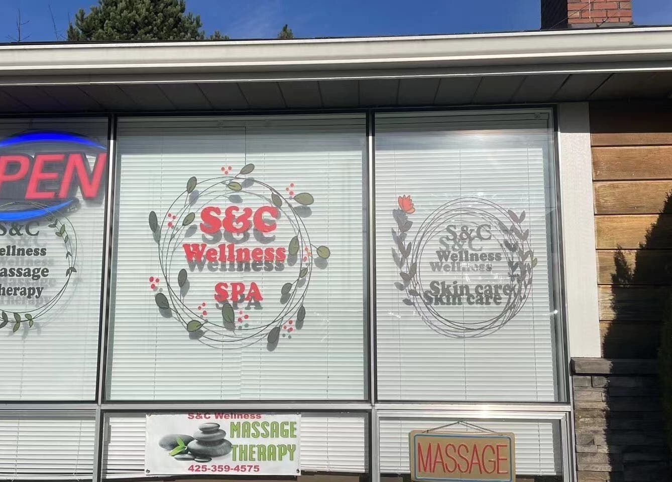 S&C Wellness Spa entrance with signage in Everett, Washington, US.
