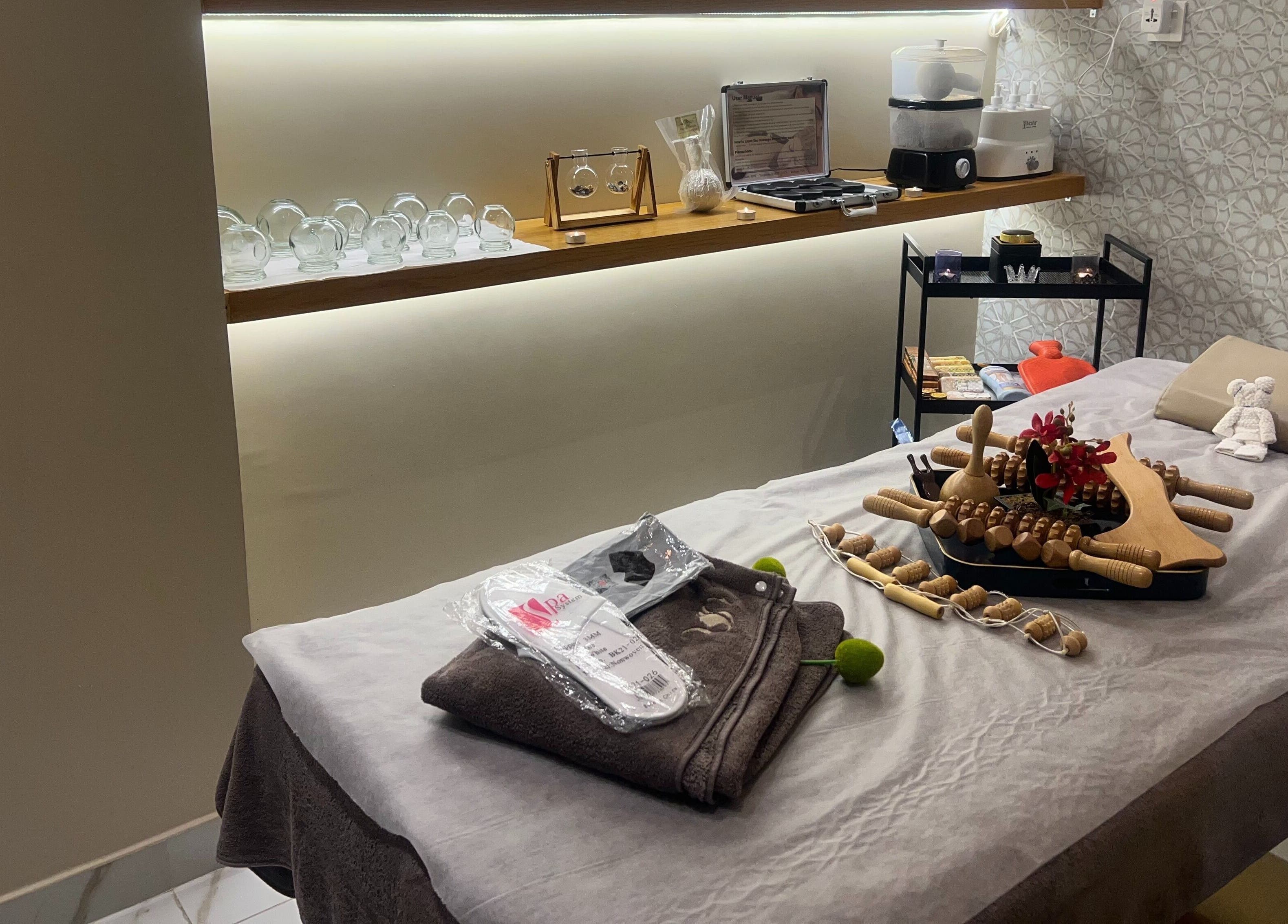 Relaxing massage room at Wejdan Aljamal Beauty Salon, Dhahran, Eastern Province, SA with soothing decor.