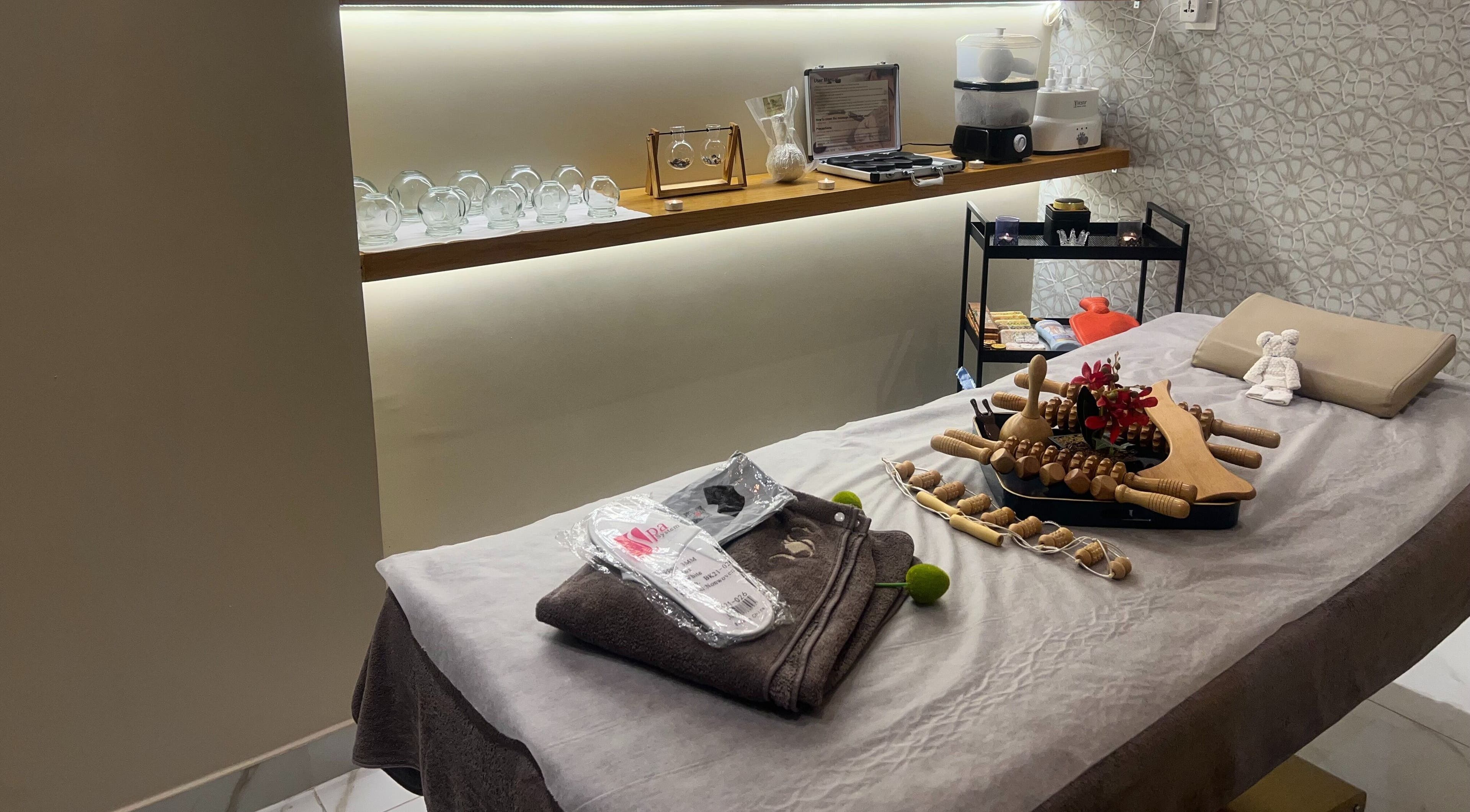 Relaxing massage room at Wejdan Aljamal Beauty Salon, Dhahran, Eastern Province, SA with soothing decor.