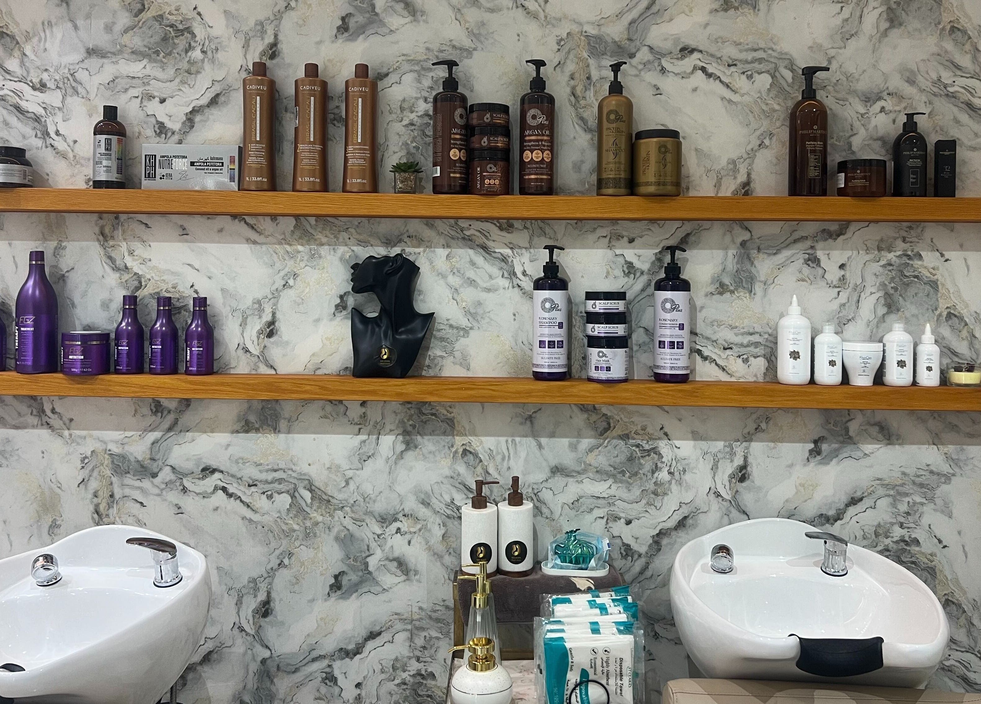 Shelves of premium hair care products at Wejdan Aljamal Beauty Salon, Dhahran, Eastern Province, SA.