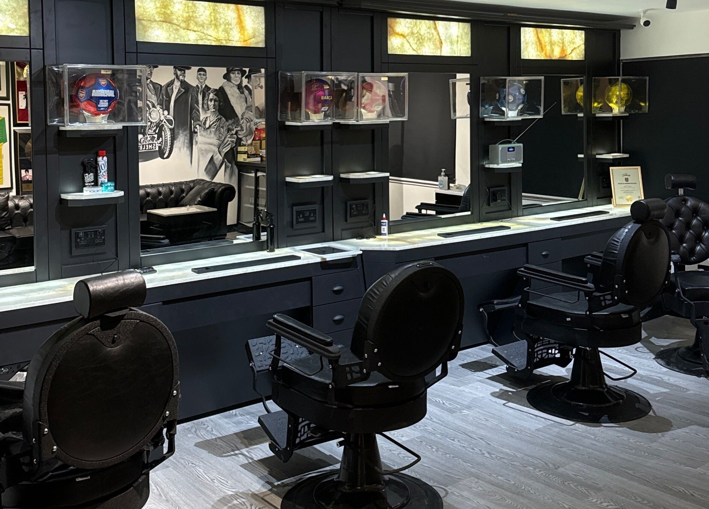 Modern barber chairs and decor at The Barber Lounge, Kirkintilloch, Scotland, GB.