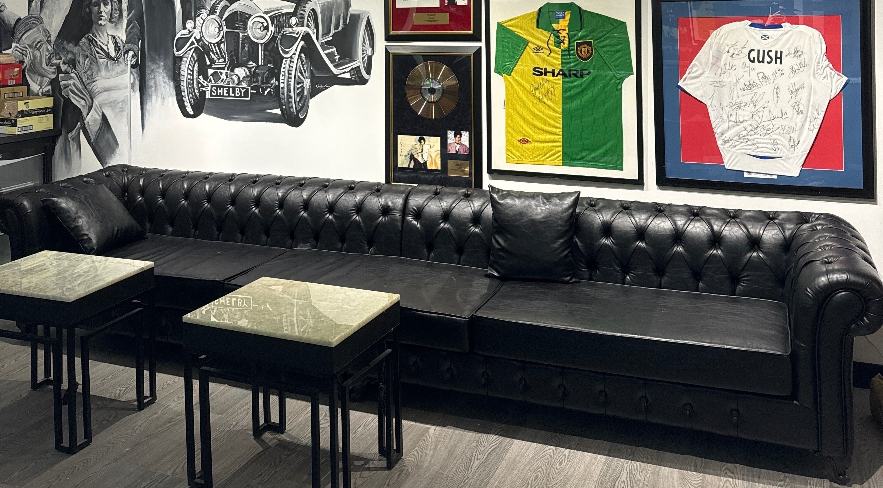 Elegant vintage-themed lounge area at The Barber Lounge in Kirkintilloch, Scotland, GB.