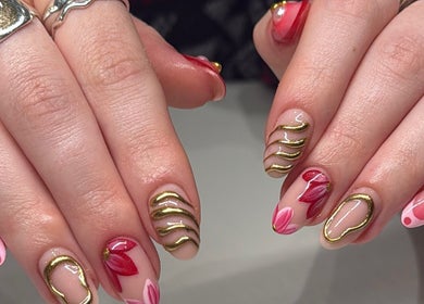 Intricate nail art with gold accents at Nails By Alice B - Newcastle, Stoke-on-Trent, England, GB.