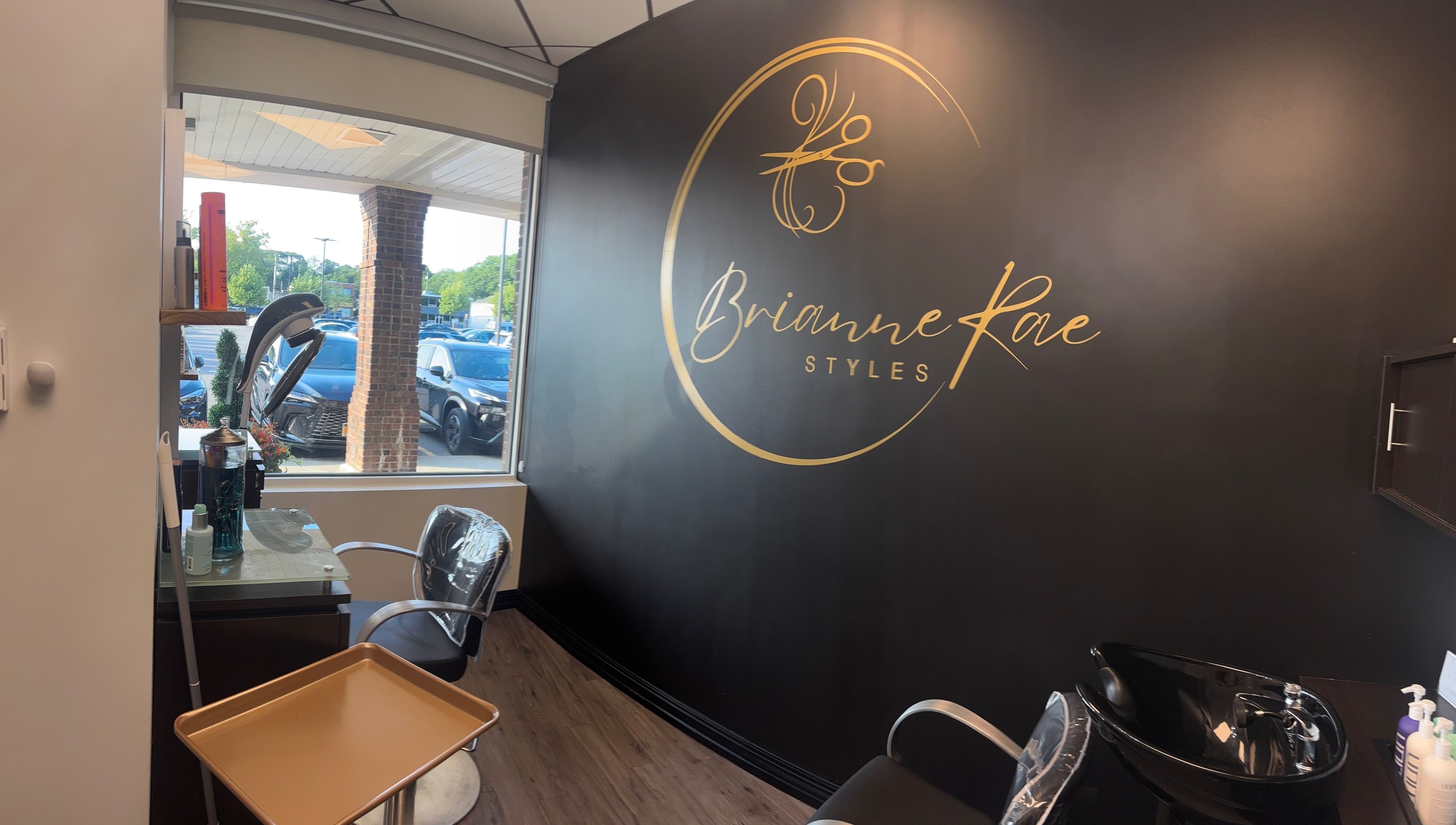 Interior of Brianne Rae styles, Smithtown, New York, US. Elegant salon design with large logo wall.