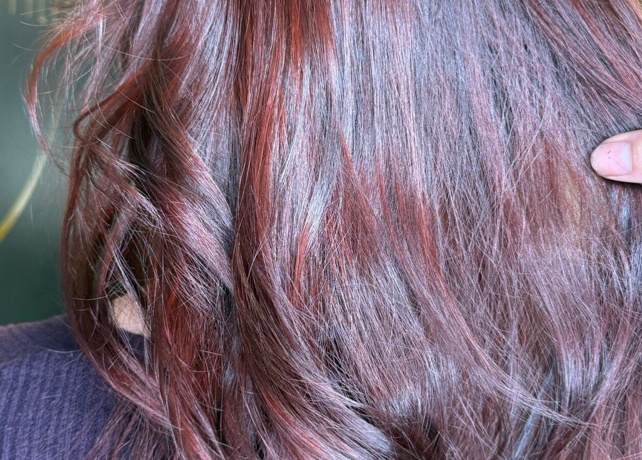 Rich auburn hair styled at Brianne Rae styles, Smithtown, New York, US, showcasing a silky finish.