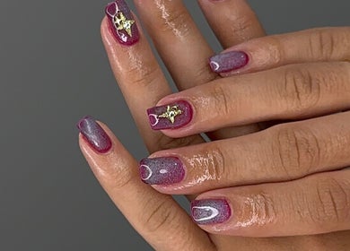 Purple gradient nails with gold accents at Buttercup Nails, North Lakes, Queensland, AU.