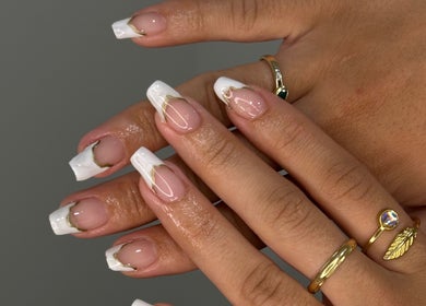 Elegant nail art with gold accents at Buttercup Nails, North Lakes, Queensland, AU.