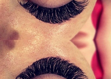 Closeup of eyelash extensions at NJ Lash Lounge, Preston, England, GB, showcasing flawless lash application.