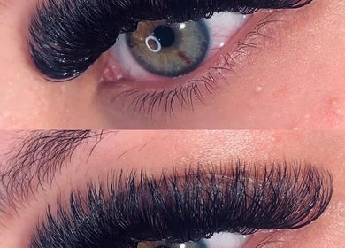 Close-up of styled lashes from NJ Lash Lounge, Preston, England, GB. Showcase lush lash extensions.