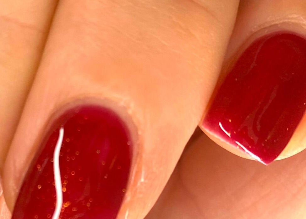 Close-up of sparkling red nails at The Lavender Lounge, Carlton In Lindrick, England, GB.