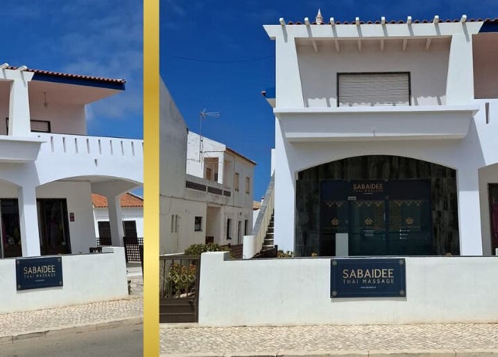 Entrance of Sabaidee Thai Massage Sagres, a serene massage venue in Sagres, Faro, PT under a clear blue sky.
