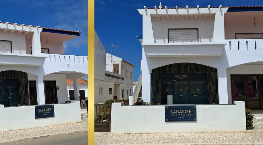 Entrance of Sabaidee Thai Massage Sagres, a serene massage venue in Sagres, Faro, PT under a clear blue sky.