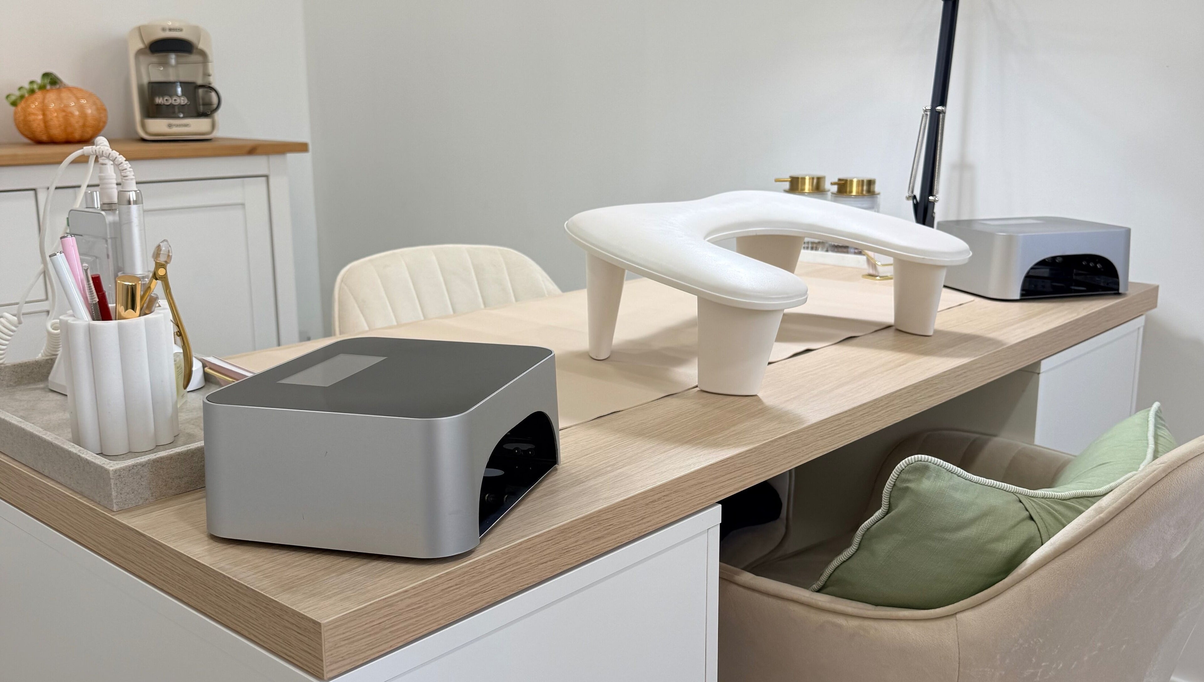 Modern nail station at Grá Nails in Strabane, Northern Ireland, GB with elegant tools and decor.