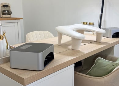 Modern nail station at Grá Nails in Strabane, Northern Ireland, GB with elegant tools and decor.