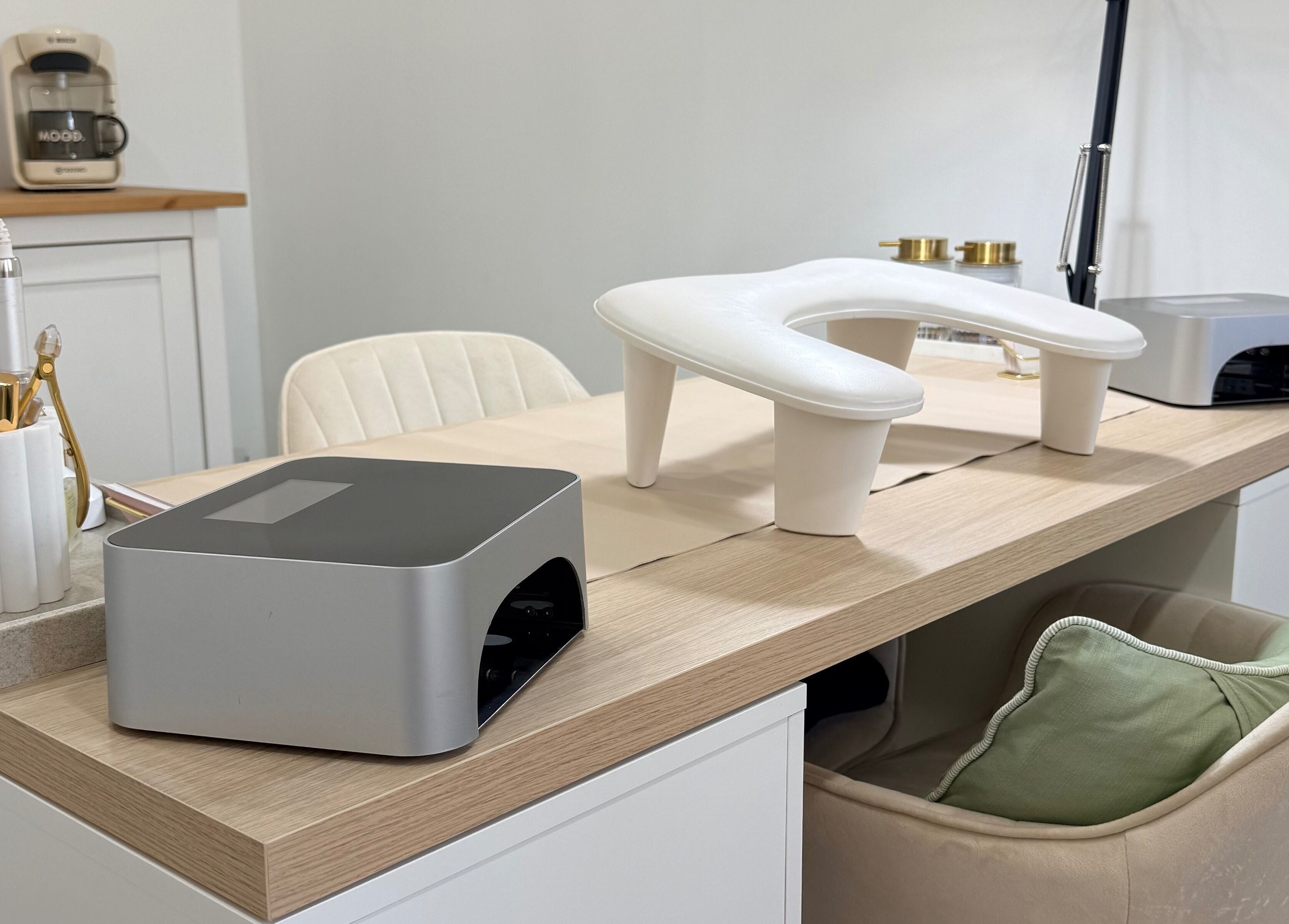 Modern nail station at Grá Nails in Strabane, Northern Ireland, GB with elegant tools and decor.