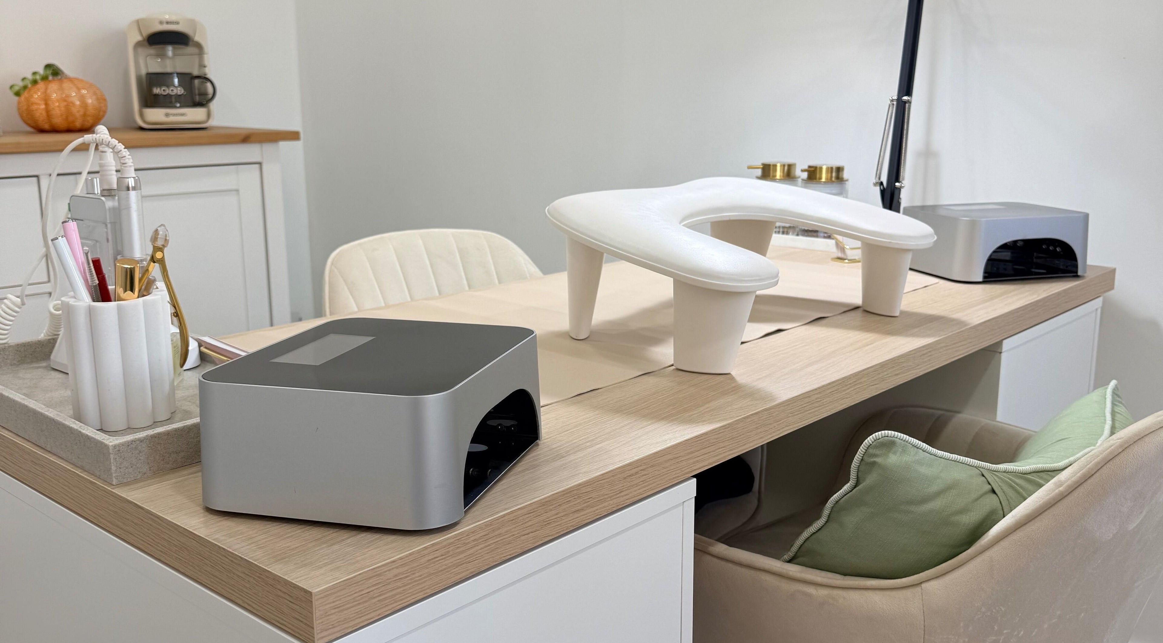 Modern nail station at Grá Nails in Strabane, Northern Ireland, GB with elegant tools and decor.