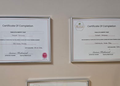 Radiant Skin's certificates of completion displayed in Rochdale, England, GB.