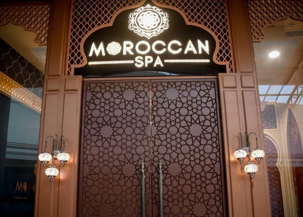 Moroccan Spa entrance featuring intricate decor at Lucknow, Uttar Pradesh, IN.