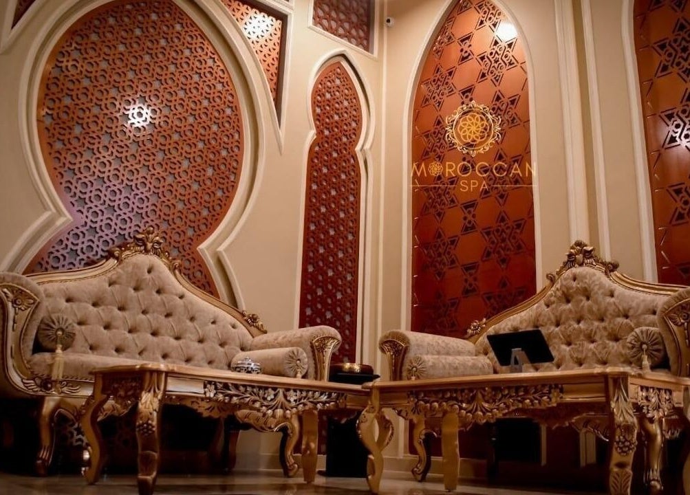 Elegant seating area with ornate decor at Moroccan Spa, Lucknow, Uttar Pradesh, IN, inviting relaxation and luxury.
