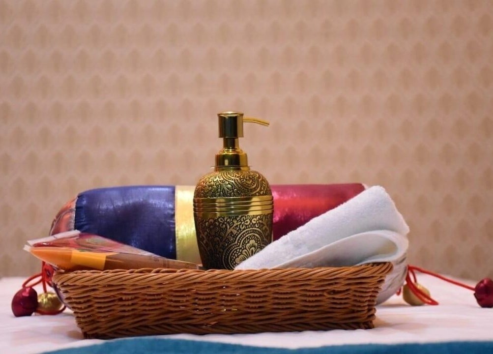 Luxurious spa items in a basket at Moroccan Spa, Lucknow, Uttar Pradesh, IN.