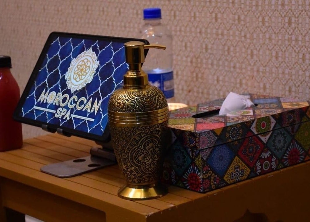 Elegant Moroccan Spa essentials on a wooden table, Lucknow, Uttar Pradesh, IN.