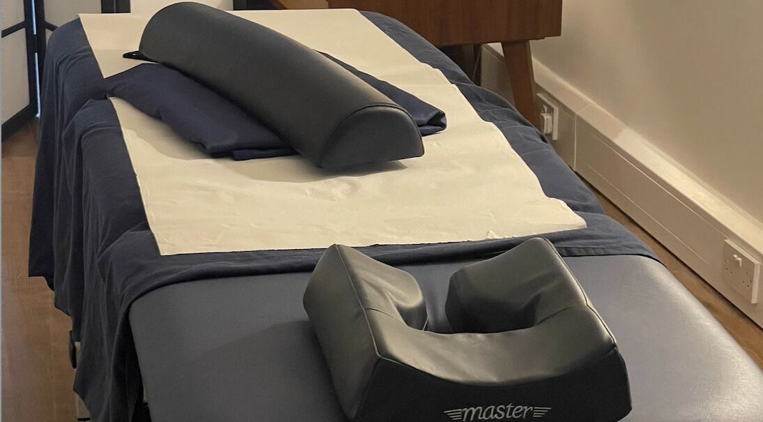 Osteopathy treatment table at The Hackney Osteopath, London, England, GB, ready for a relaxing session.