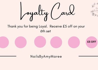 NailsByAmyMaree loyalty card offering £5 off at Penzance, England, GB. Collect six stamps for a discount.