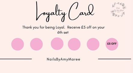 NailsByAmyMaree loyalty card offering £5 off at Penzance, England, GB. Collect six stamps for a discount.