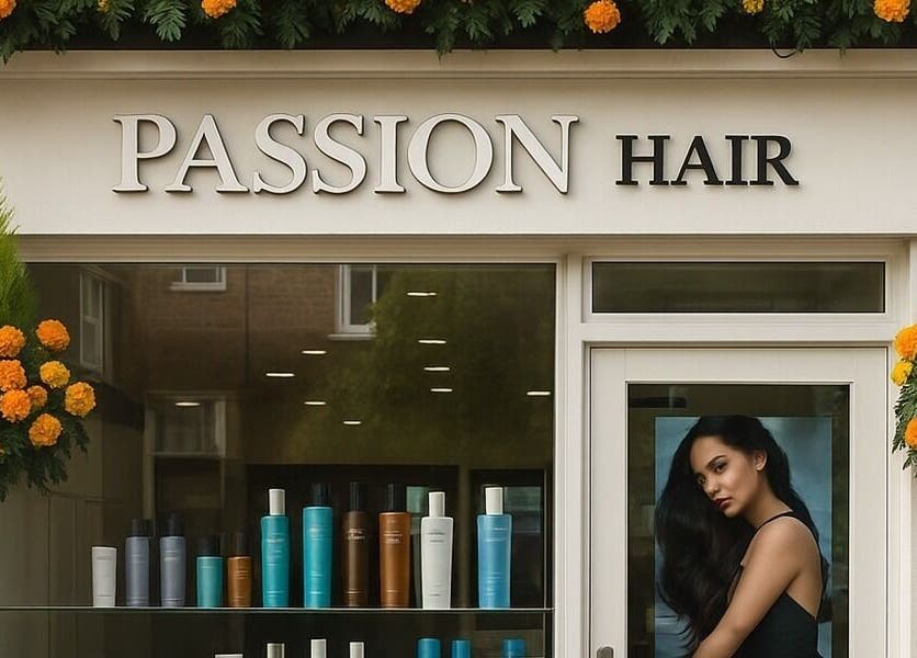 Passion Hair salon entrance adorned with flowers in London, England, GB.