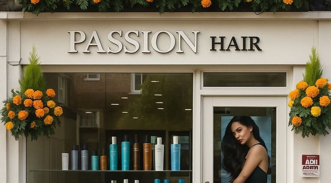 Passion Hair salon entrance adorned with flowers in London, England, GB.