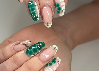 Elegant green and nude nail art at Glitz&GlamNailBar in Winsford, England, GB.