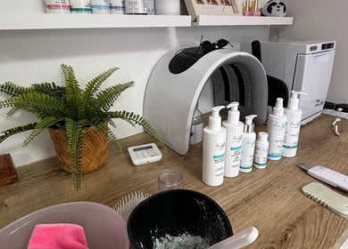 Tranquil spa space at Aglow by VL, Essington, England with beauty products and decor.